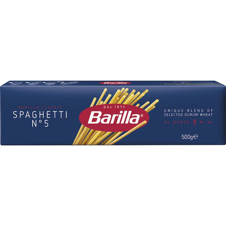 Barilla Pasta Spaghetti No. 5 in a classic blue box, perfect for making al dente Italian dishes with various sauces.