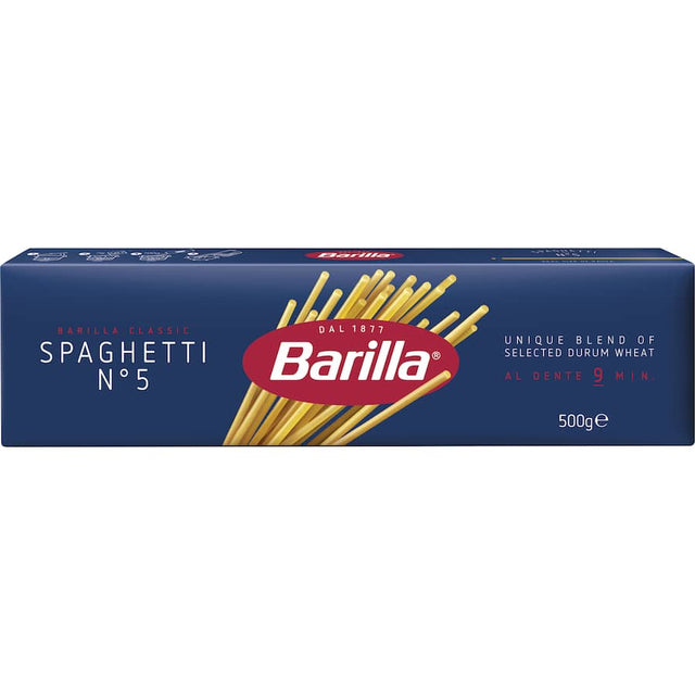 Barilla Pasta Spaghetti No. 5 in a classic blue box, perfect for making al dente Italian dishes with various sauces.