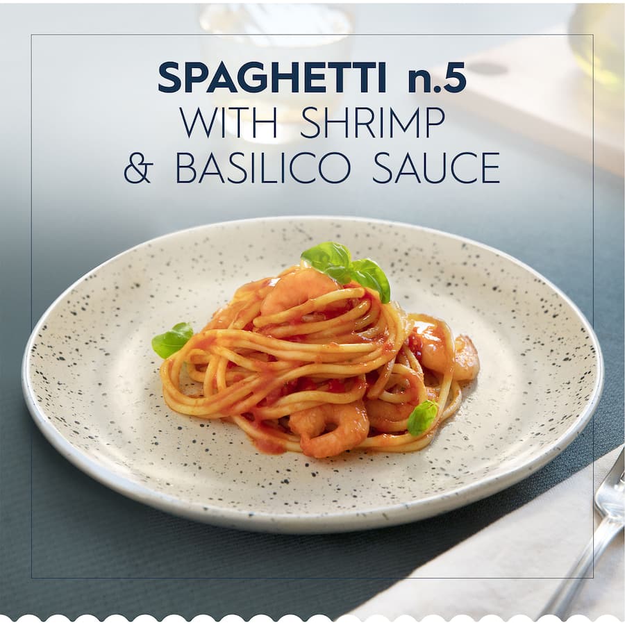 Barilla Pasta Spaghetti No. 5 in a blue box, perfect for classic Italian dishes with various sauces.