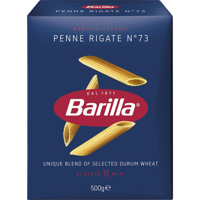 Barilla Pasta Penne Rigate No. 73, classic Italian tubular pasta perfect for rich sauces and versatile recipes.