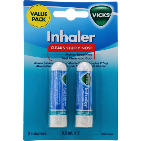 Portable Vicks Inhaler for quick nasal relief with menthol vapors, ideal for clear breathing on the go.