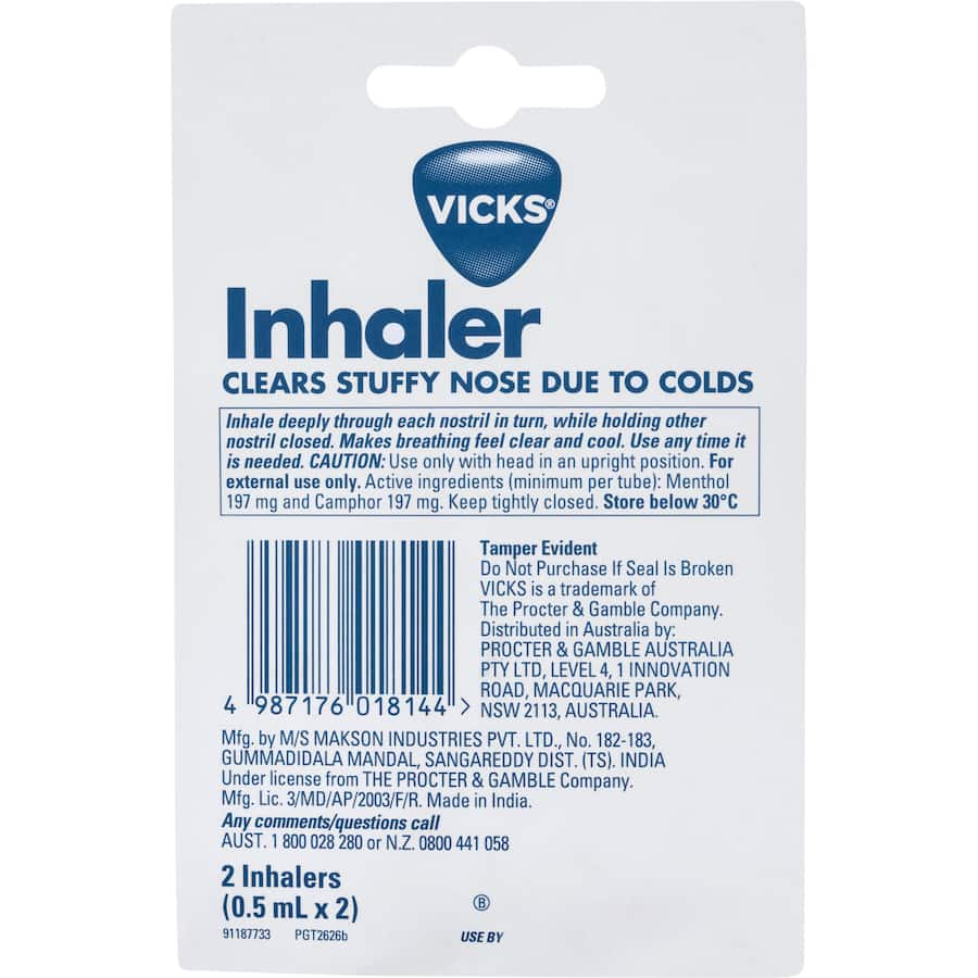 Vicks Inhaler for nasal relief, offering menthol-infused comfort for clear, easy breathing on-the-go.