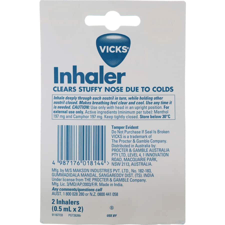 Vicks Inhaler for nasal relief, featuring menthol vapors for quick congestion relief and easy portability.