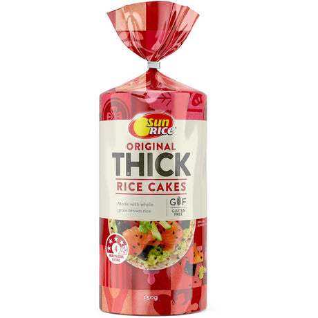 Crunchy Sunrice Thick Rice Cakes made from 100% Australian whole grain brown rice, perfect for healthy snacking and toppings.