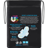 U By Kotex Ultra Thins Sport Pads with wings, designed for active women seeking comfortable, absorbent protection during workouts.