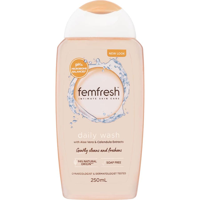 Gentle intimate wash with Aloe Vera and Calendula, designed for daily use to maintain pH balance and freshness.