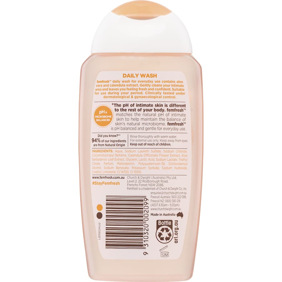 Femfresh Personal Wash Intimate Daily: Gentle cleanser with Aloe Vera and Calendula, pH balanced for everyday intimate hygiene.