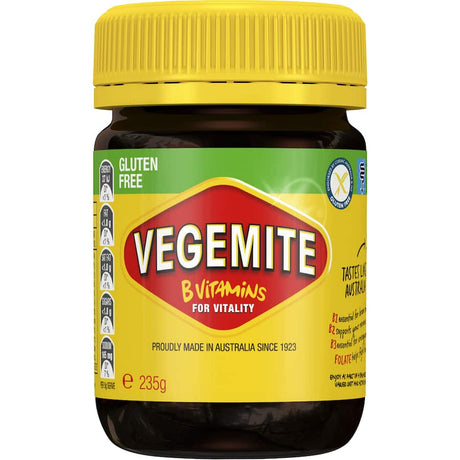 Gluten-free Vegemite Yeast Spread, perfect for those with gluten sensitivities or Coeliac disease, offers iconic taste.