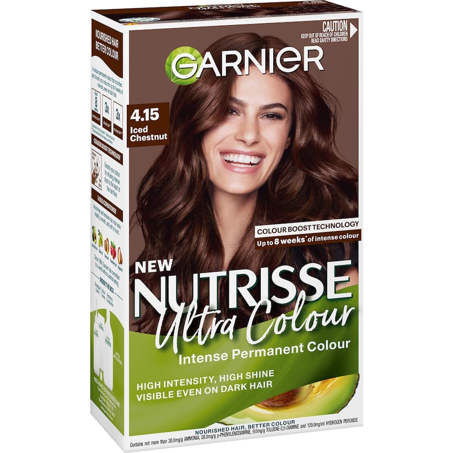 Garnier Nutrisse Mahogany Ash Brown 4.15 - vibrant, nourishing hair colour with 100% grey coverage and 3x shine.