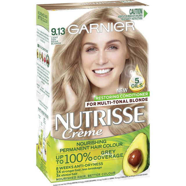 Garnier Nutrisse Hair Colour in Beige Blonde 9.13, enriched with oils for vibrant color and nourished, shiny hair.