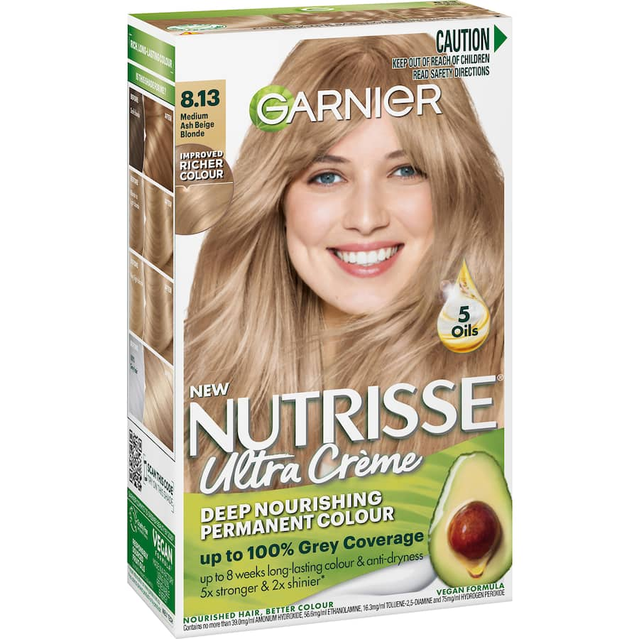 Medium Ash Blonde hair color by Garnier, enriched with natural oils for nourishing, vibrant color and 100% grey coverage.