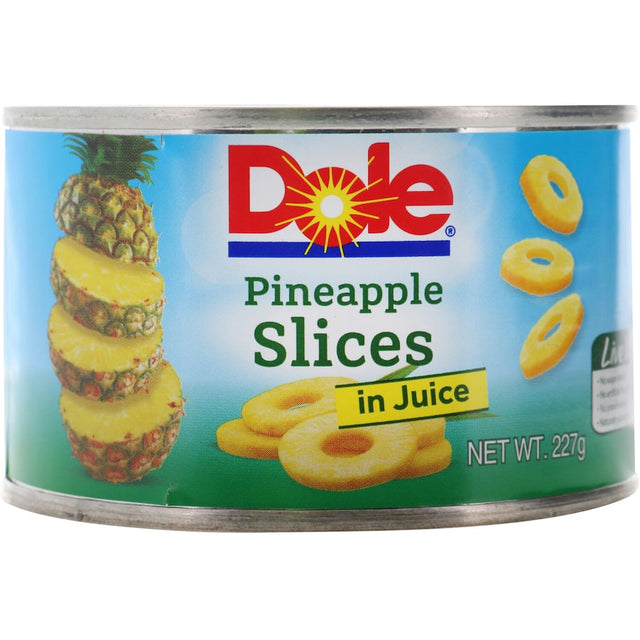 Dole Tropical Pineapple Slices in juice, perfect for desserts, salads, and snacks, bursting with flavor and vitamin C.