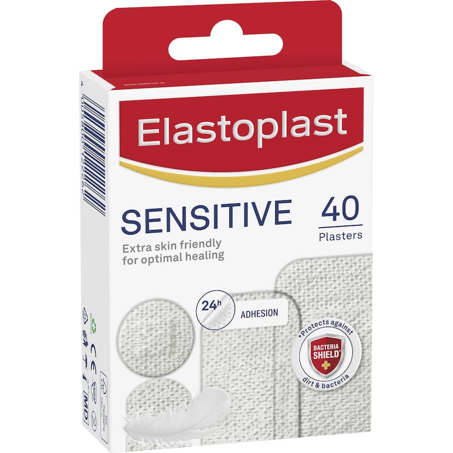 Elastoplast Sensitive Plasters: hypoallergenic, soft, breathable protection for minor wounds on delicate skin, 20 plasters per box.