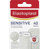 Hypoallergenic Elastoplast Sensitive Plasters in a box of 20, designed for comfort and protection of delicate skin wounds.