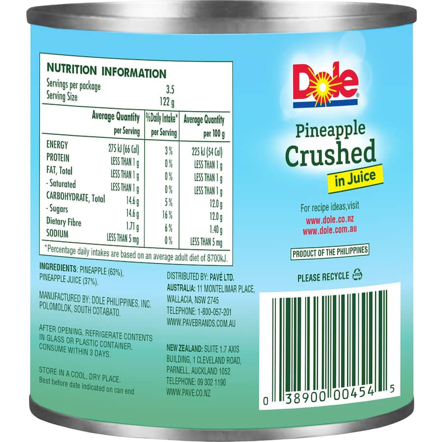 Dole Pineapple Crushed In Juice Can 432g