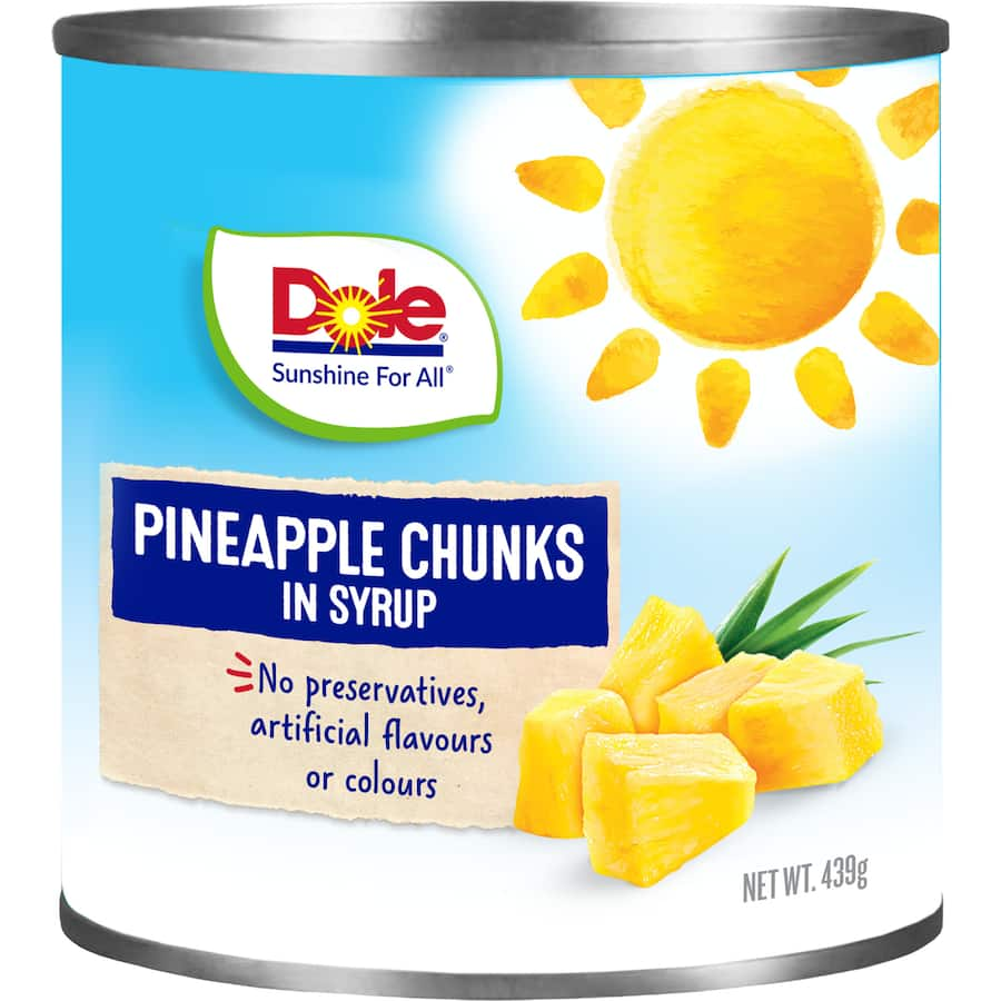 Juicy Dole Pineapple Chunks in syrup, perfect for enhancing dishes like stir-fries, salads, and desserts.