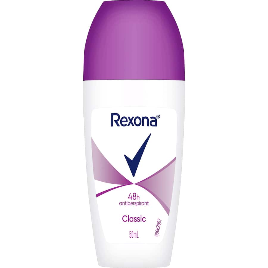 Rexona For Women Roll On Classic: 50ml antiperspirant offers 48-hour sweat protection with a classic fragrance in a travel-friendly design.
