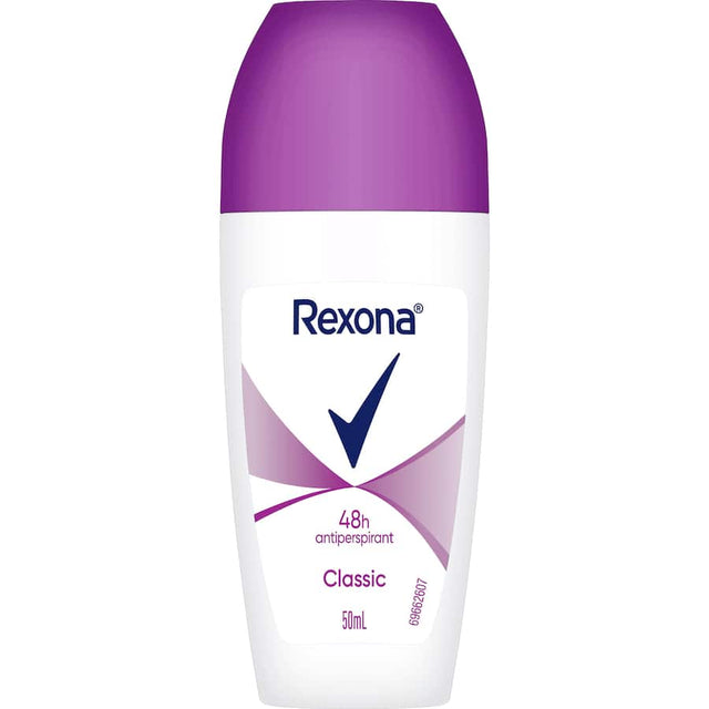 Rexona For Women Roll On Classic: 50ml antiperspirant offers 48-hour sweat protection with a classic fragrance in a travel-friendly design.