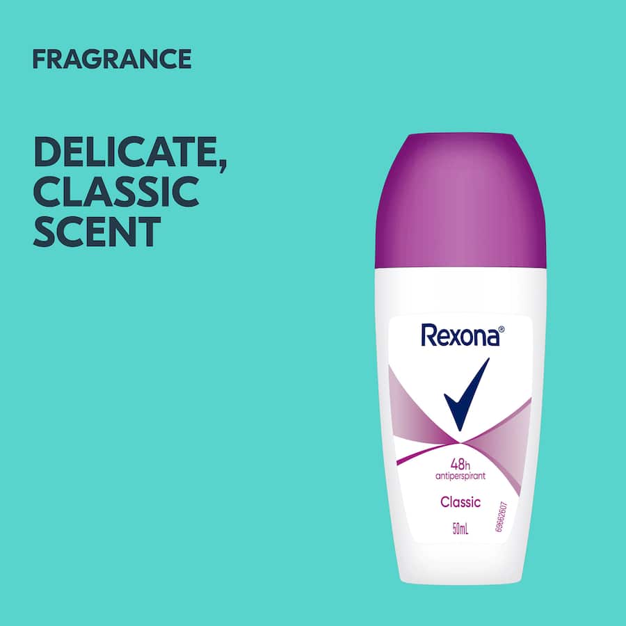 Rexona For Women Roll On Classic 50ml, offering 48-hour sweat and odor protection with a classic fragrance in a travel-friendly design.