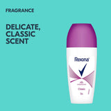Rexona For Women Roll On Classic 50ml, offering 48-hour sweat and odor protection with a classic fragrance in a travel-friendly design.