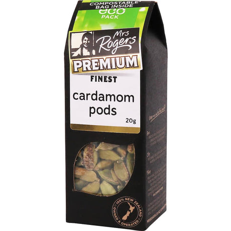 Aromatic Mrs Rogers Eco Pack Cardamom Pods in eco-friendly packaging, perfect for enhancing dishes and beverages.