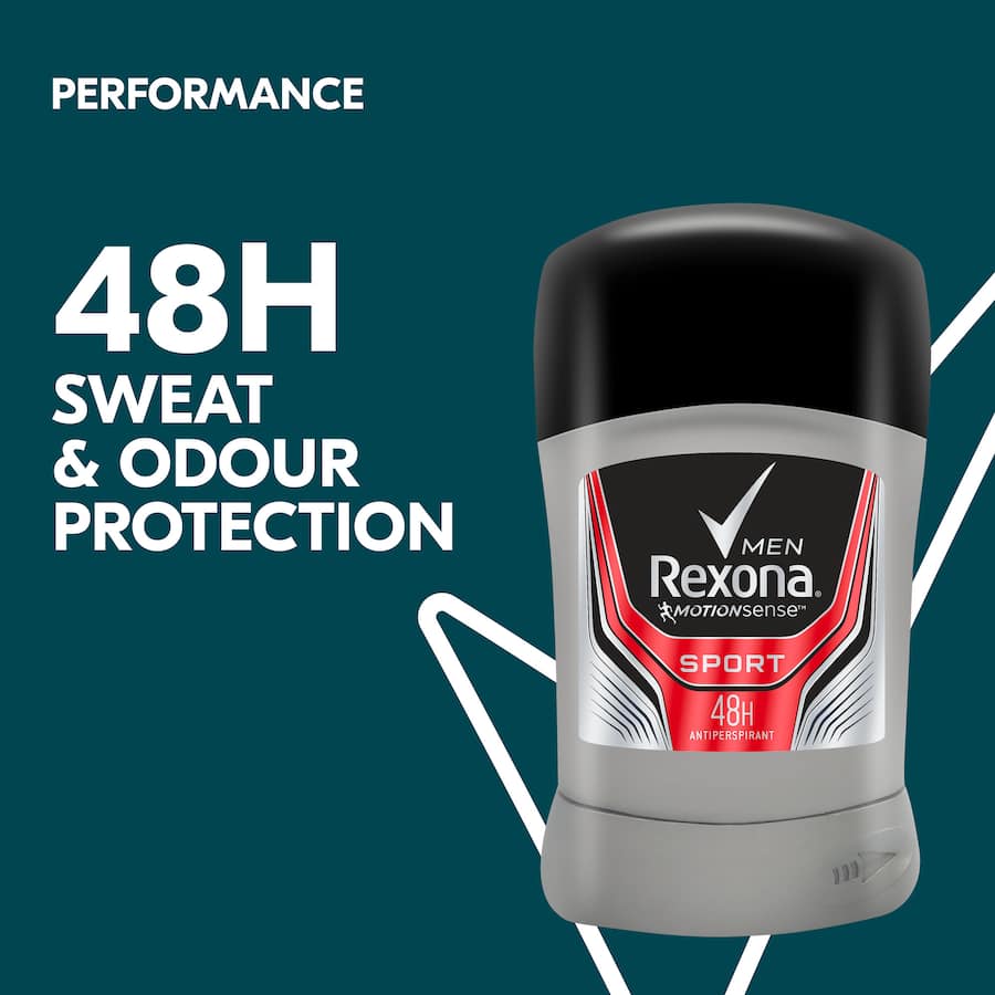 Rexona Men Antiperspirant Stick Sport, featuring MotionSense technology for 48-hour sweat protection and invigorating fragrance.