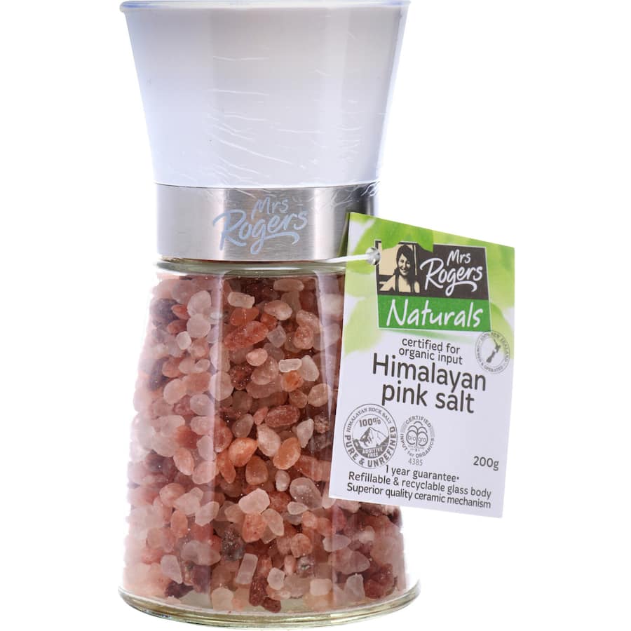 Medium grain Himalayan pink salt from Mrs Rogers, 100% natural, unrefined, perfect for seasoning and wellness.