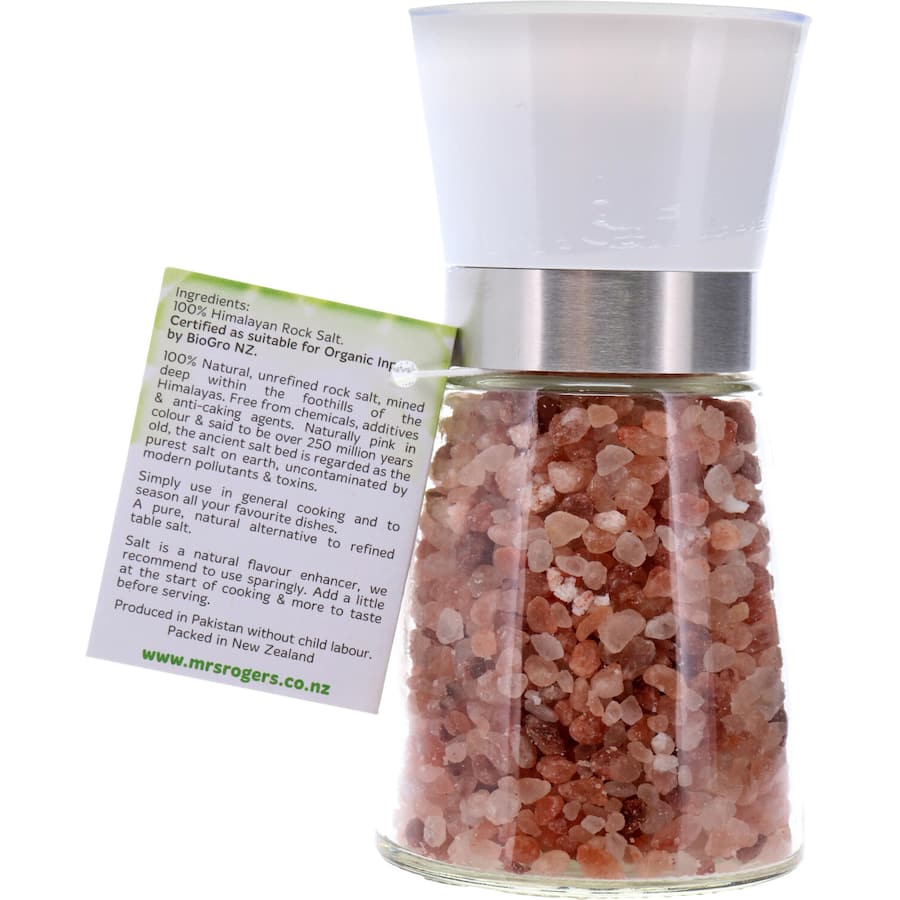 Mrs Rogers Himalayan Pink Salt Medium: 100% natural, unrefined salt with minerals for seasoning and wellness benefits.