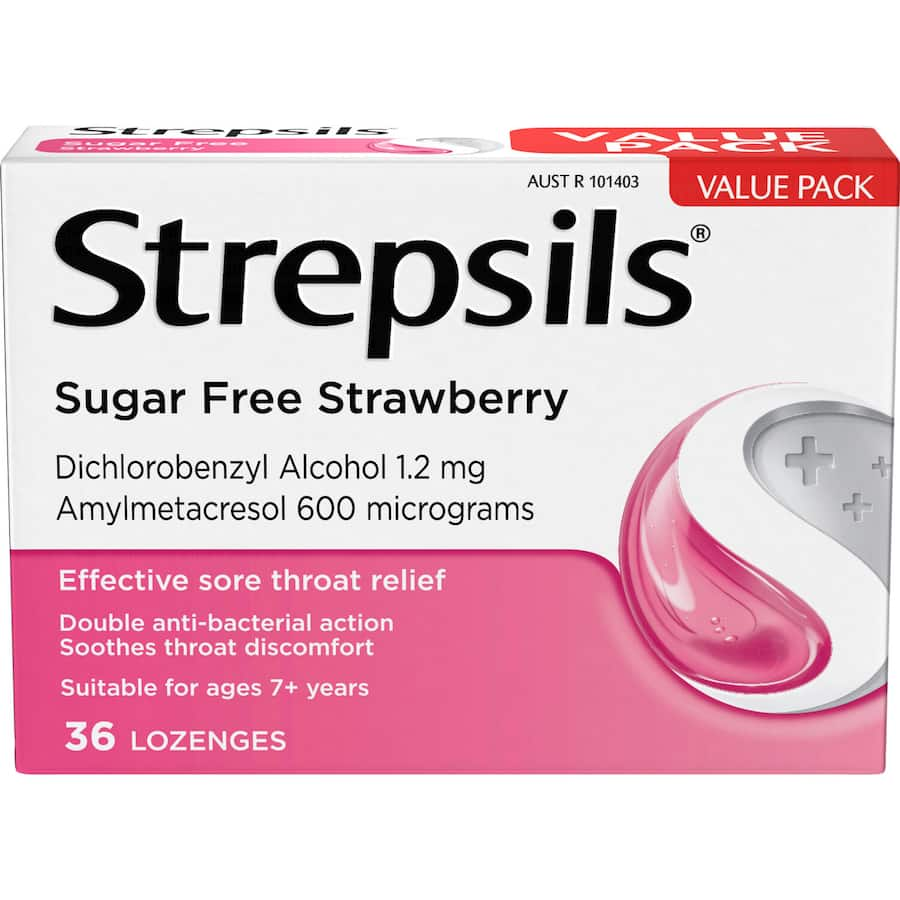 Sugar-free strawberry lozenges providing soothing relief for sore throats and mouth infections, perfect for on-the-go use.