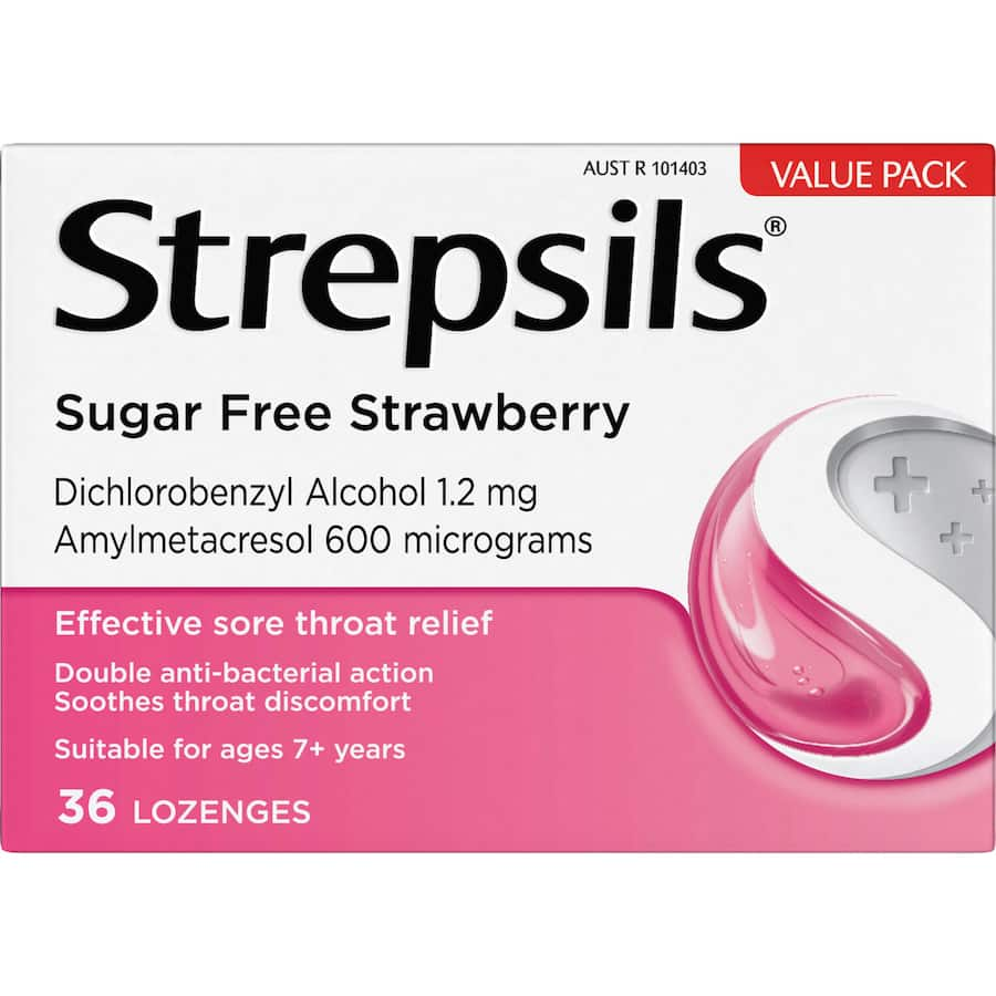 Strepsils Sugar Free Strawberry Lozenges: soothing throat relief with sweet strawberry flavor, perfect for on-the-go comfort.