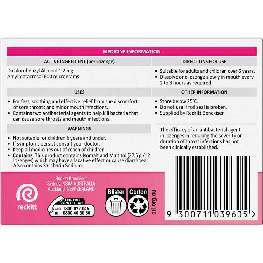 Sugar-free strawberry lozenges providing effective relief for sore throats and minor mouth infections. Perfect for on-the-go soothing.