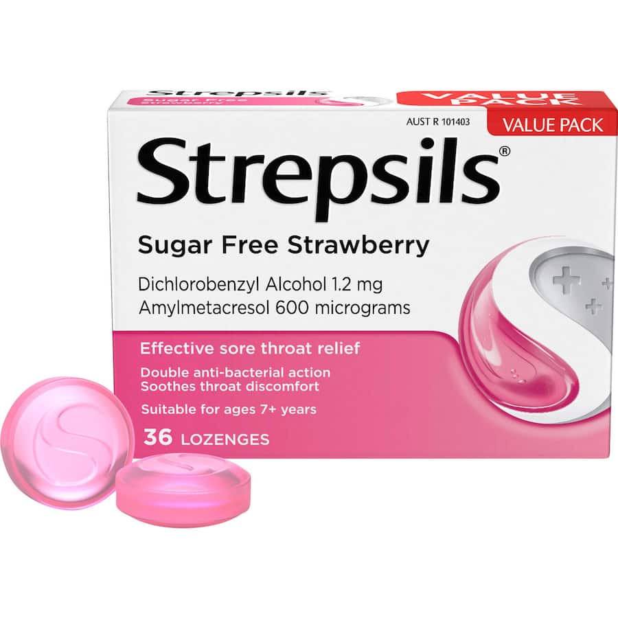 Sugar-free strawberry lozenges providing soothing relief for sore throats and mouth infections, perfect for on-the-go use.