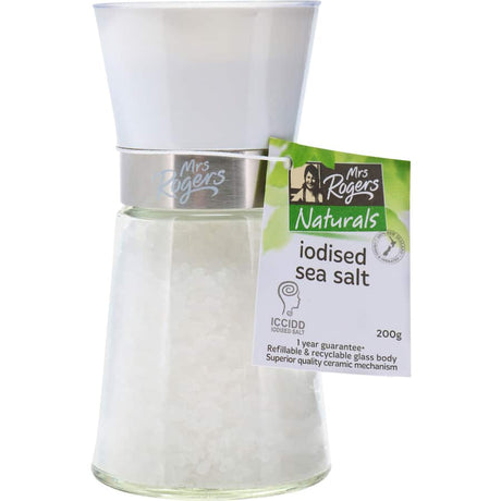 Mrs Rogers Salt Iodised Medium: 100% natural sea salt with iodine for thyroid health, enhancing flavor in every dish.