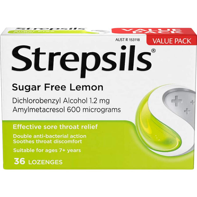 Sugar-free lemon-flavored Strepsils lozenges for fast relief from sore throats and minor mouth infections.