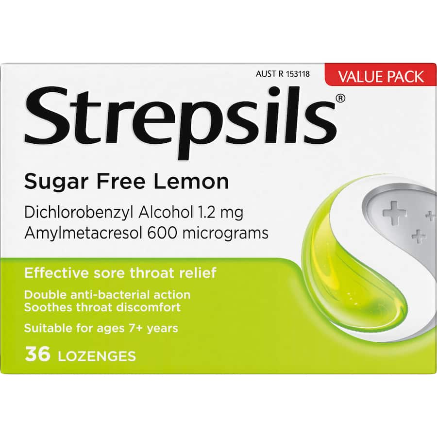 Strepsils sugar-free lemon lozenges offer fast relief for sore throats with antibacterial action and a refreshing taste.