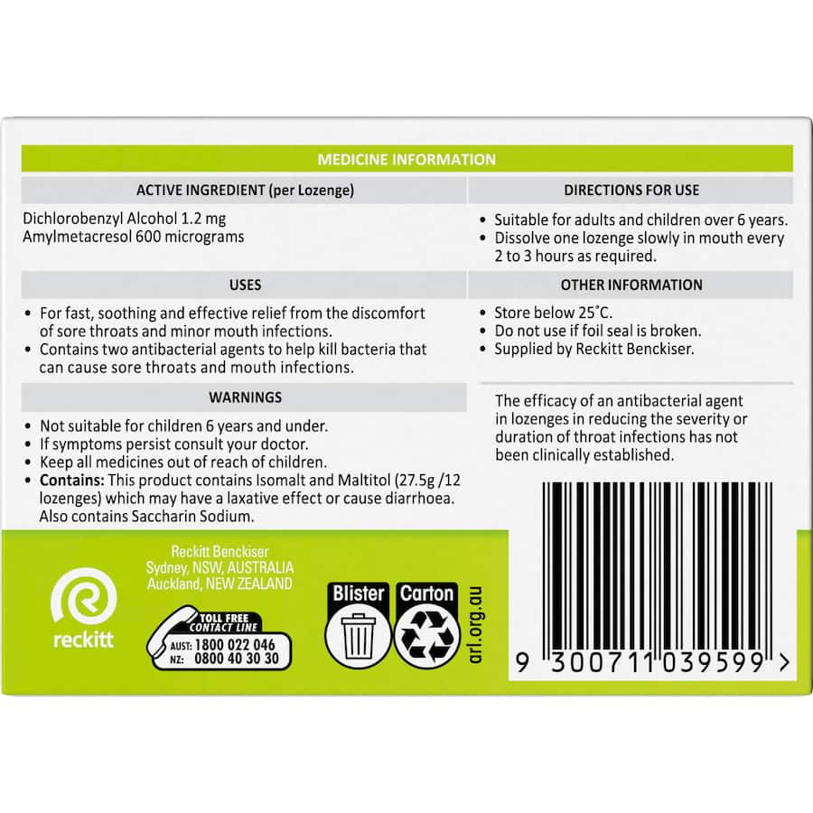 Sugar-free lemon-flavored lozenges provide fast relief for sore throats and minor mouth infections for up to 2 hours.