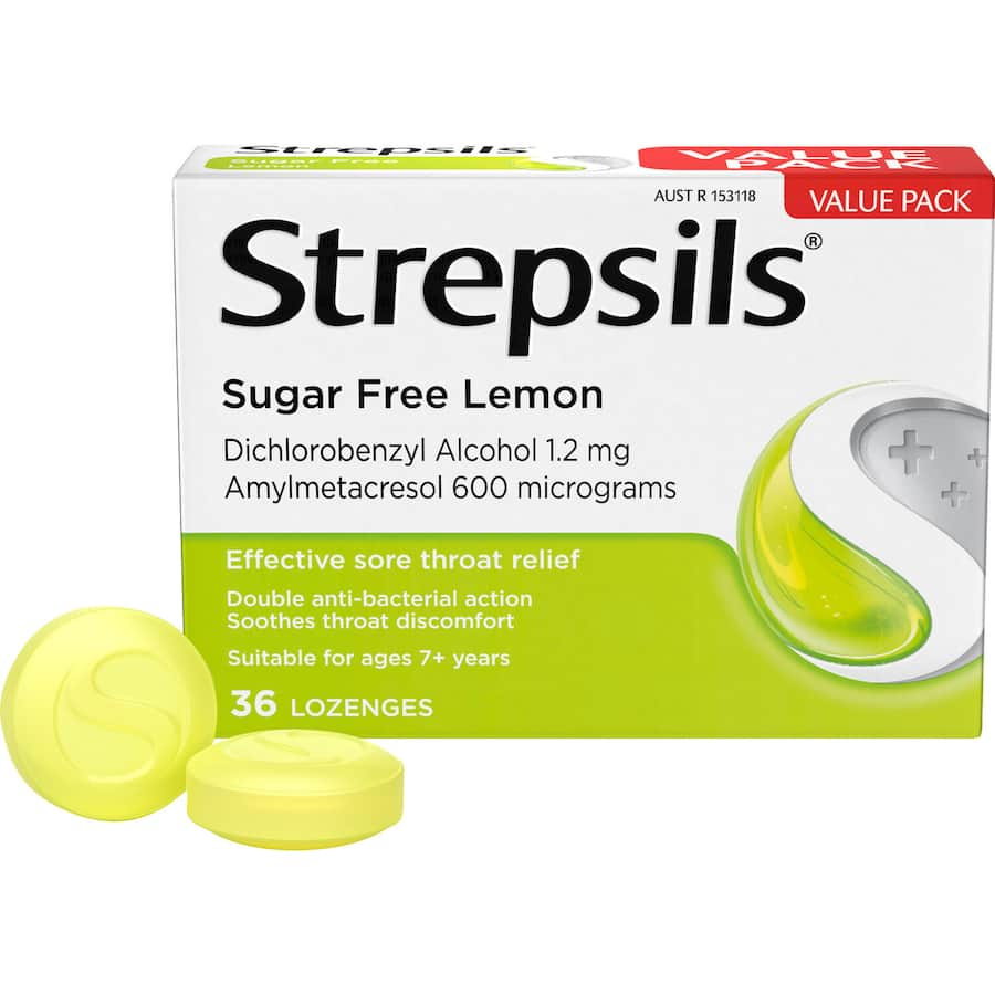 Sugar-free lemon-flavored lozenges providing fast relief from sore throat and mouth infections for up to 2 hours.