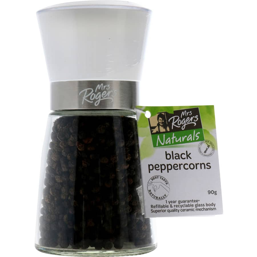 A jar of Mrs Rogers Naturals Black Medium Peppercorns, showcasing premium quality seasoning for enhancing culinary dishes.