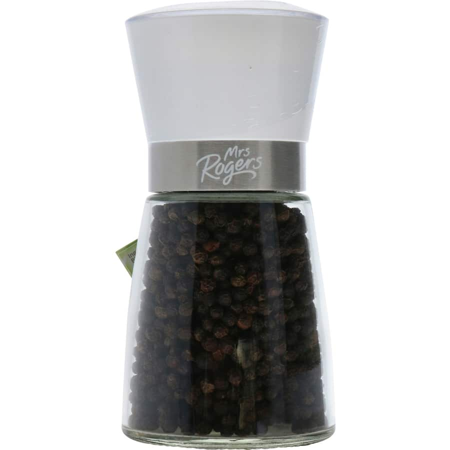 Premium black peppercorns in a glass container, ideal for enhancing flavor in dishes and cooking experiences.