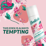 A can of Batiste Dry Shampoo Eden, featuring a vibrant blossom scent for instant oil absorption and hair freshness.