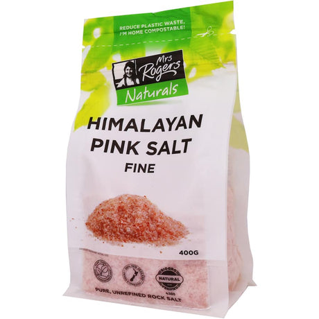 Mrs Rogers Naturals Himalayan Pink Salt Fine in a striking pink hue, perfect for enhancing flavors and promoting wellness.