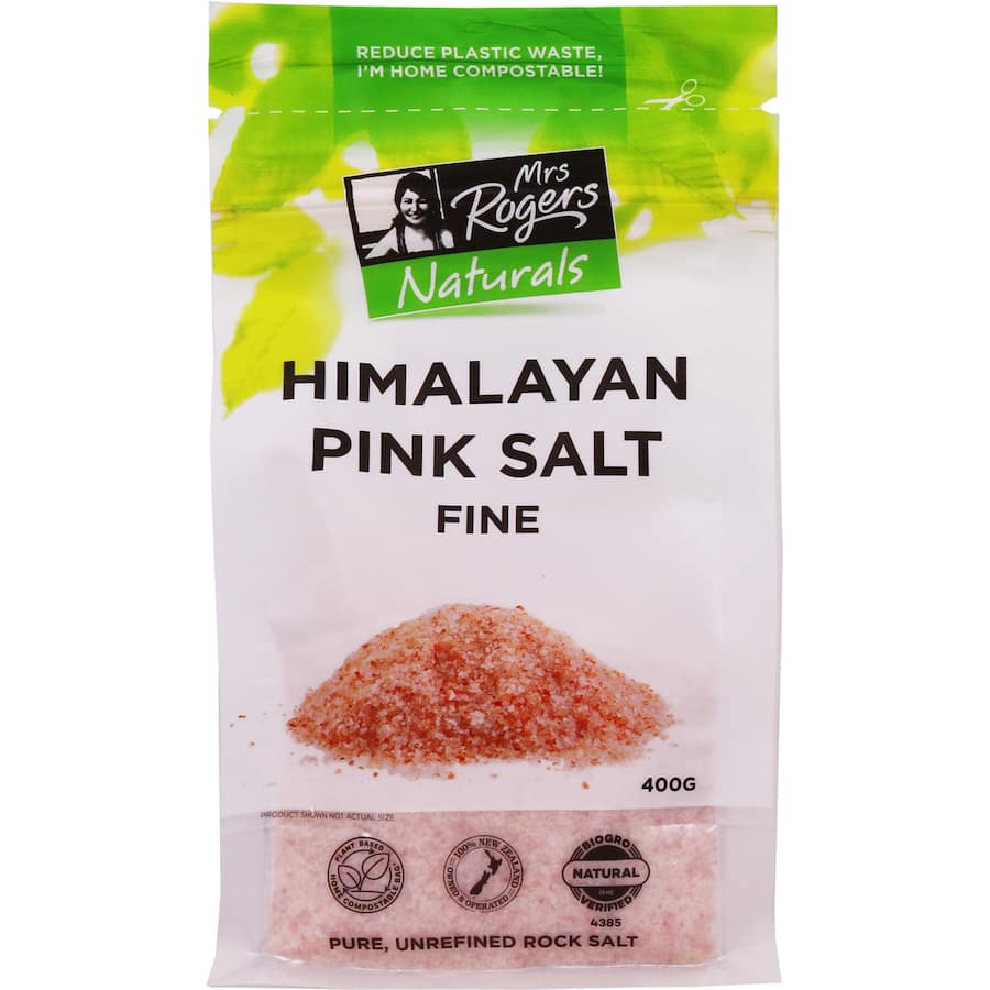 Mrs Rogers Naturals Himalayan Pink Salt Fine enhances dishes with essential minerals and a delicate texture for exquisite flavor.