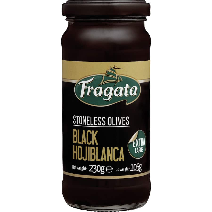 A jar of Fragata Pitted Black Olives showcasing their rich color and robust flavor, ideal for salads and gourmet dishes.