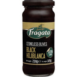 A jar of Fragata Pitted Black Olives showcasing their rich color and robust flavor, ideal for salads and gourmet dishes.