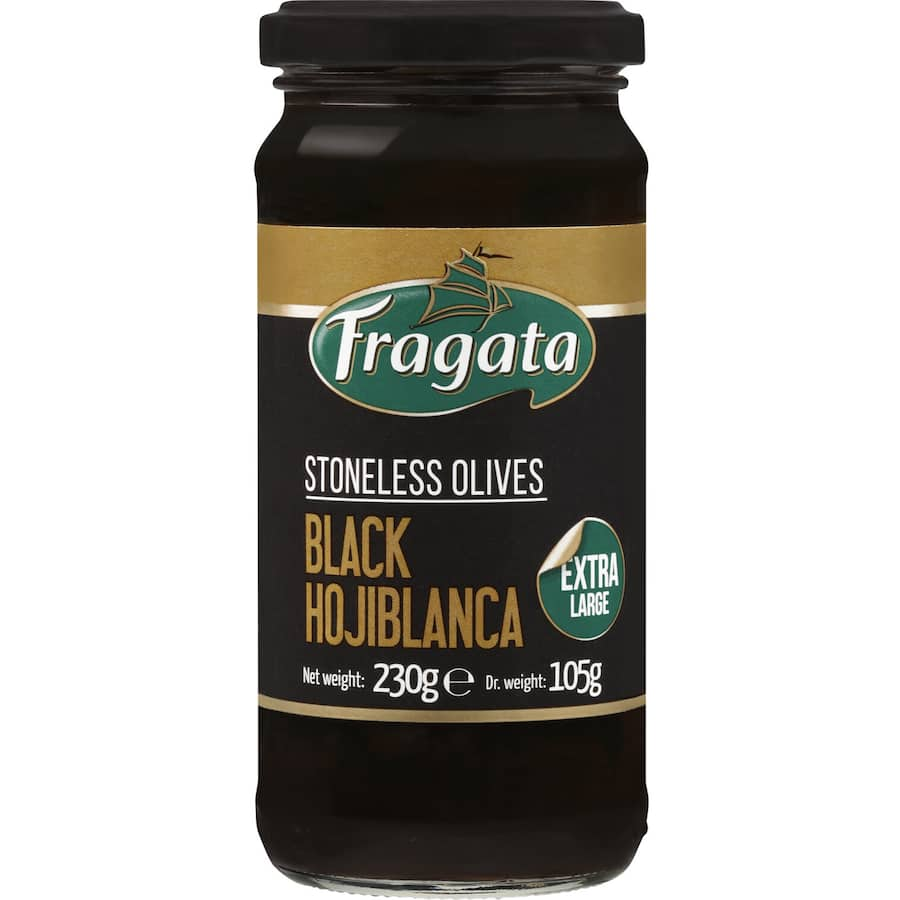 Pitted black olives from Fragata, rich in flavor, perfect for salads, pasta, and healthy snacking.