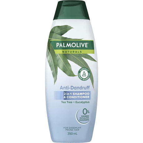 Palmolive Naturals Anti Dandruff Shampoo & Conditioner, infused with Tea Tree and Eucalyptus for flake-free, healthy hair.