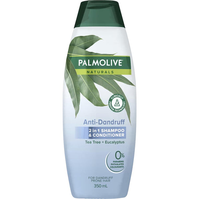 Palmolive Naturals Anti Dandruff Shampoo & Conditioner, infused with Tea Tree and Eucalyptus for flake-free, healthy hair.