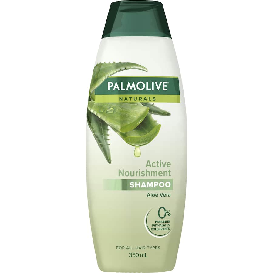 Palmolive Naturals Shampoo with Aloe Vera and fruit vitamins for soft, shiny, and nourished normal hair types.