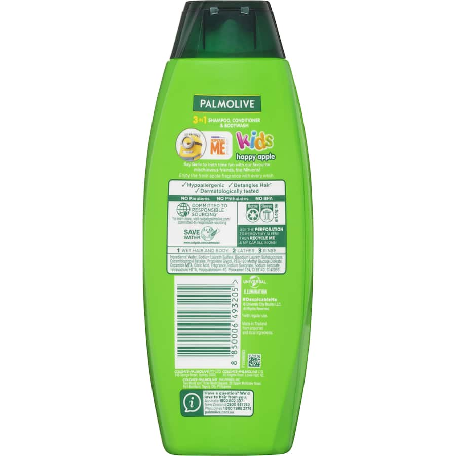 Palmolive Kids 3 In 1 Bodywash Shampoo Conditioner in Happy Apple scent, hypoallergenic formula for gentle cleansing and detangling.