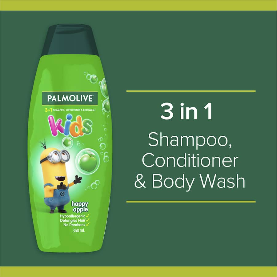 Bright green 350mL bottle of Palmolive Kids 3 in 1 Bodywash, Shampoo & Conditioner, featuring a Happy Apple scent for fun bath time.